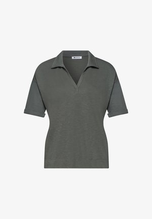 Chemise polo à manches courtes gris foncé avec poignets retroussés et col en V, étiquetée Street One.