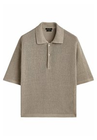 Short-sleeved, light beige polo shirt made of textured knit fabric, featuring a ribbed collar and three-button placket with rounded hem.