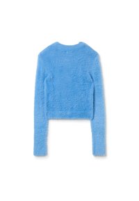 Blauw, afgeknipte trui gemaakt van fuzzy materiaal met lange mouwen en een ronde halslijn. Zachte textuur, uniforme kleur zonder zichtbare patronen.