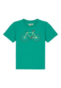 Un t-shirt turquoise avec un graphisme d'une bicyclette jaune dotée d'un siège marron et de roues détaillées, fabriqué en tissu de coton doux.