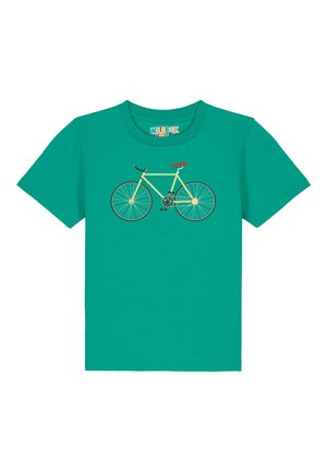 Turquoise T-shirt met een grafische afbeelding van een gele fiets met een bruine zitting en gedetailleerde wielen, gemaakt van zachte katoenen stof.