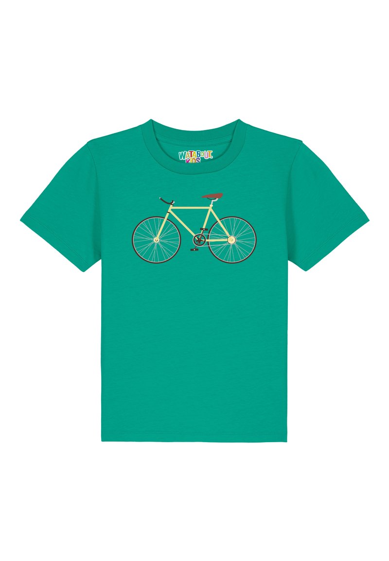Un t-shirt turquoise avec un graphisme d'une bicyclette jaune dotée d'un siège marron et de roues détaillées, fabriqué en tissu de coton doux.