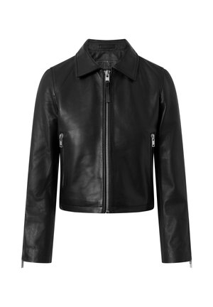 Giacca di pelle nera con colletto, zip frontale e due tasche laterali con zip. Caratterizzata da una texture liscia e da un design corto.