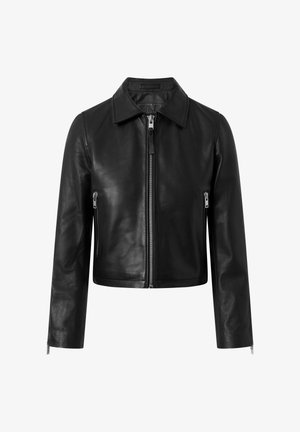 Giacca di pelle nera con colletto, zip frontale e due tasche laterali con zip. Caratterizzata da una texture liscia e da un design corto.