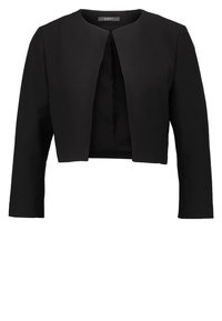 Svart kort jacka med rund halsringning, långa ärmar och utan synliga fästen. Tillverkad i ett slätt tyg för en strukturerad silhuett.