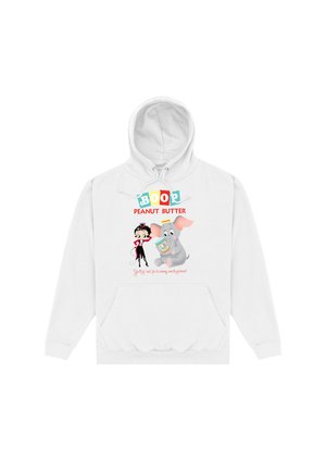 Biały hoodie z kolorową grafiką słonia i postaci, z napisem "BOOP PEANUT BUTTER" oraz kieszenią z przodu.