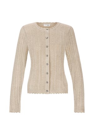 Beige Zopfstrick-Cardigan mit langen Ärmeln, gewellten Kanten und perlenähnlichen Knöpfen vorne.