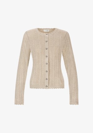Beige cable-knit cardigan with long sleeves, scalloped edges, and pearl-like buttons down the front.
