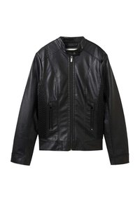 Veste en cuir noir avec un design structuré, présentant des inserts latéraux texturés, deux poches zippées et un col rond.