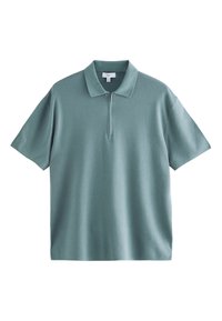 Kurzärmeliges Polohemd in gedämpftem Türkis. Verfügt über einen kurzen Reißverschluss, eine weiche Strickstruktur und ein klassisches Kragendesign.