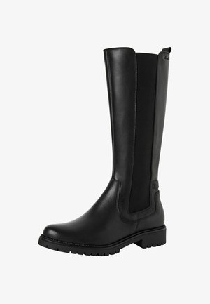 Botas negras hasta la rodilla con un exterior de cuero liso, paneles laterales elásticos y suelas de goma resistentes para una mejor adherencia y comodidad.