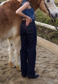 Dunkelblaue Denim-Jeans mit einem taillierten Design, die mit einem charakteristischen Logo auf der Rückentasche versehen sind. Ein Pferd steht nah in einer sandigen Außenszene.