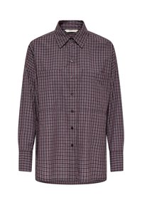 Chemise à boutons à carreaux en bordeaux et gris, avec un col, des manches longues et deux poches poitrine. Fabriquée en tissu tissé avec une texture douce.