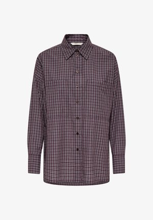 Kariertes Hemd in Burgunderrot und Grau mit Kragen, langen Ärmeln und zwei Brusttaschen. Hergestellt aus gewebtem Stoff mit weicher Textur.