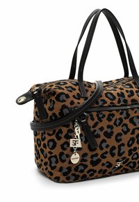 Leopard print handbag with brown fabric, black accents, zip closure, dual handles, detachable shoulder strap, and logo charm.