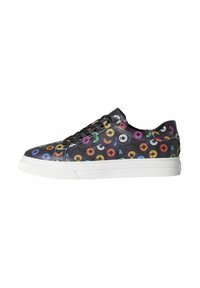Zwarte sneaker met een kleurrijk vinyl platenpatroon. Gemaakt van soepel materiaal met een witte rubbersole en een ronde neusontwerp.