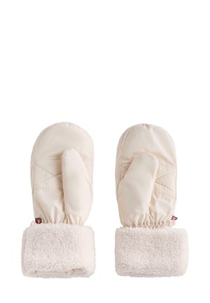 Beige lapaset, joissa on tikattu kuviointi ja pörröiset kermaiset hihansuut. Valmistettu pehmeästä kankaasta, jossa on peukalon osa ja joustava ranne.