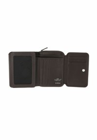 Portafoglio in pelle marrone scuro a tre ante con finestra trasparente per documento d'identità, molteplici scomparti per carte, tasca con cerniera per monete e logo di protezione RFID all'interno.