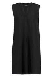 Abito midi nero senza maniche con scollatura a V, patta con tre bottoni e vestibilità ampia, adatto per un look casual o da ufficio.
