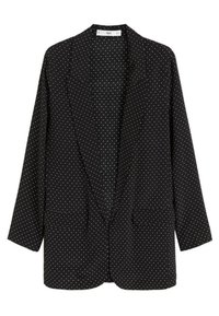 Schwarze Blazer mit weißen Punkten, lange Ärmel, offen vorne, zwei Fronttaschen, aus einem glatten, leichten Stoff, strukturierte Form.