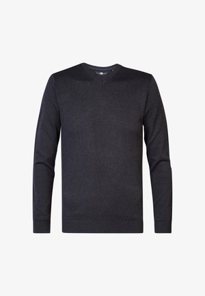 Pull en maille gris foncé à col en V et manches longues. Il présente des poignets et un ourlet côtelés, avec une texture lisse et uniforme dans l'ensemble.