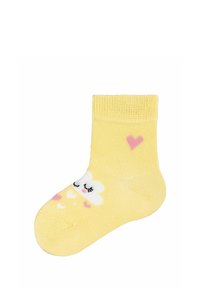 Gelbe Baumwoll-Socke für den Knöchel mit einem lächelnden Wolkenmotiv und rosa Herzmustern, versehen mit einem strukturierten, gerippten Bund.