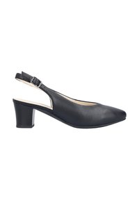 Chaussure slingback en cuir noir avec un petit talon bloc et une bride à boucle ajustable.