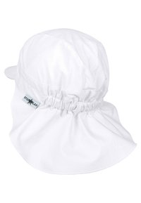 Weißer Bucket Hat aus leichtem Material, mit einem gerafften Design, breiter Krempe und einem kleinen Etikett an der Seite. Glatte Textur.