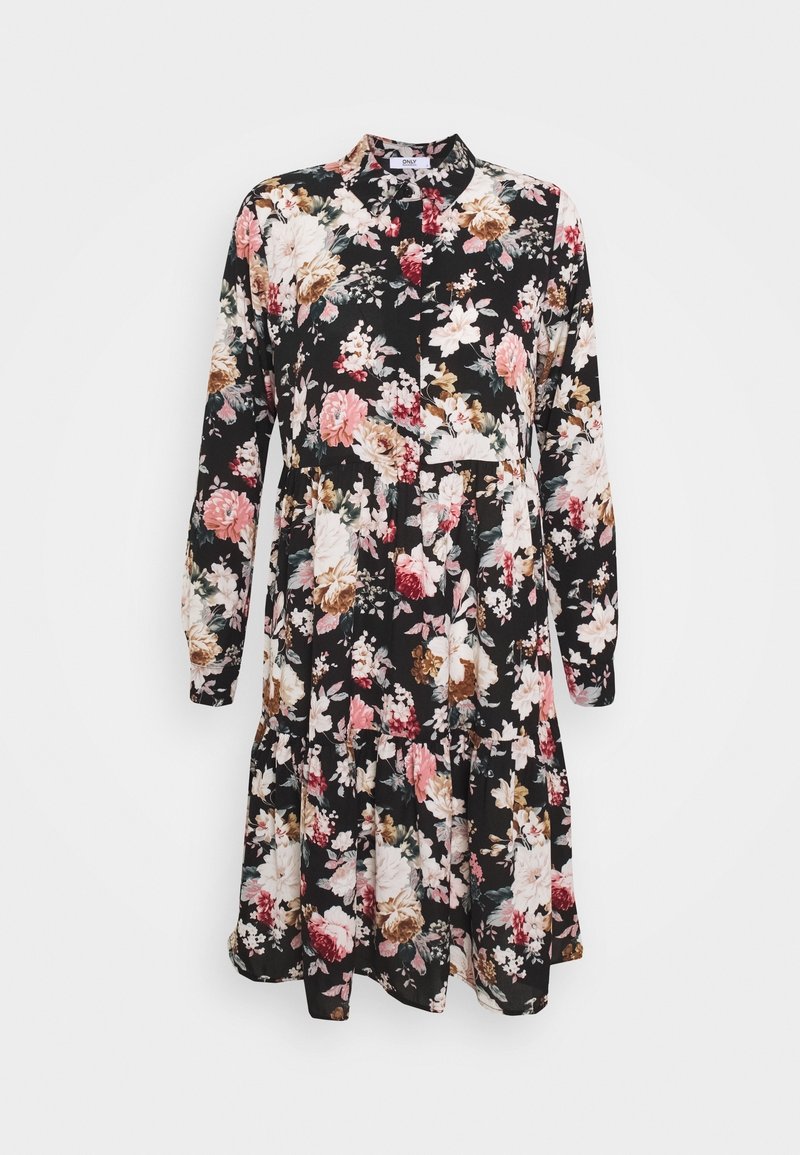 Robe noire à manches longues avec imprimé floral rose, blanc et marron, col chemise et taille froncée.