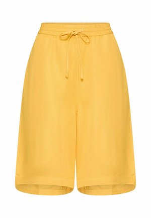 Gule knælange shorts med elastik i taljen og en bindesnor foran på hvid baggrund.