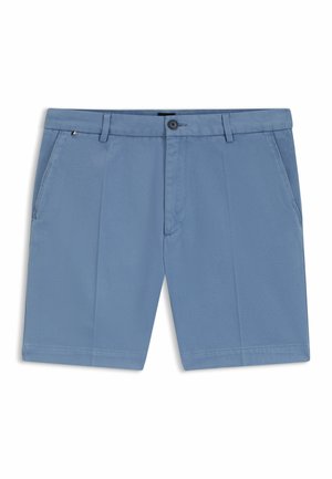 Blue woven shorts with a textured finish, featuring front pockets, belt loops, and a single button closure at the waist.