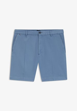 Blue woven shorts with a textured finish, featuring front pockets, belt loops, and a single button closure at the waist.