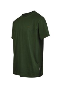 Grünes Baumwoll-T-Shirt mit kurzen Ärmeln, Rundhalsausschnitt, ausgestattet mit einem kleinen goldenen Logo auf der Brust und einem Etikett am Saum. Glatte Textur.