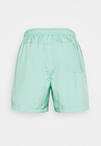 Shorts vert clair avec une taille élastique et une poche arrière unique. Le tissu a une texture lisse et légèrement brillante.