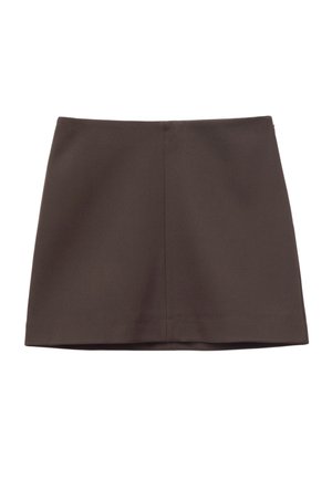 Minifalda marrón oscuro, de corte recto, con una costura central visible y sin detalles de diseño adicionales ni adornos.