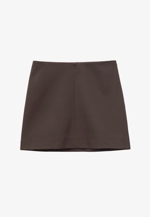 Dark brown, straight-cut mini skirt with a visible center seam and no additional design details or embellishments.
