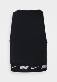 Canottiera nera sportiva con scollatura rotonda, realizzata in tessuto morbido, con logo Nike bianco sulla banda elastica in basso.