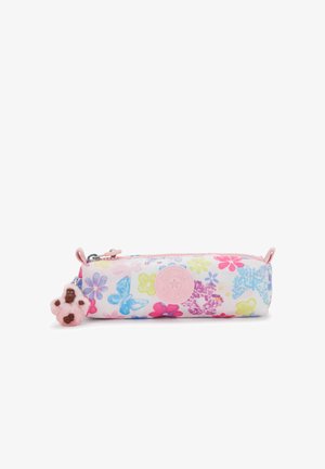 Estuche para lápices con estampado floral, cremallera rosa y logo de la marca, con un pequeño llavero de peluche rosa unido al tirador de la cremallera.
