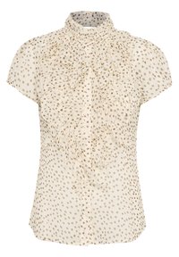 Blusa beige a maniche corte con pois marroni, davanti arricciato e chiusura con bottoni.
