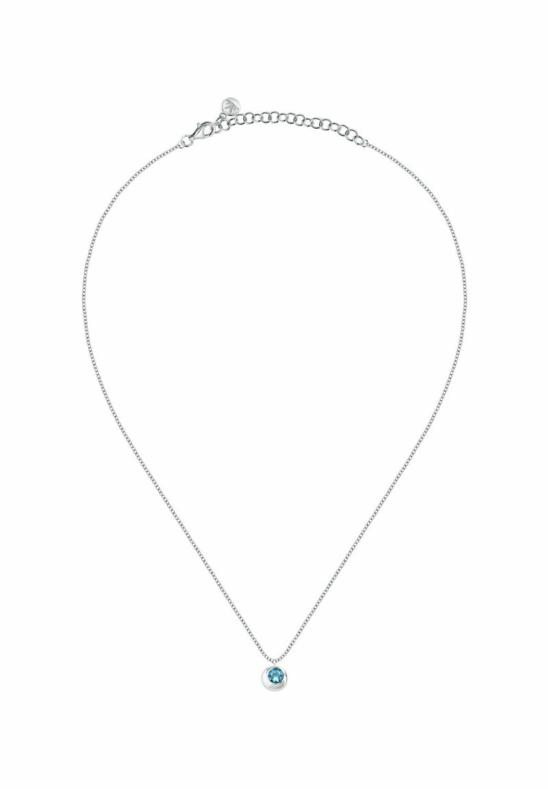 Collana in argento con pendente in pietra blu di piccole dimensioni. Presenta una forma rotonda semplice e un design elegante con chiusura a moschettone.