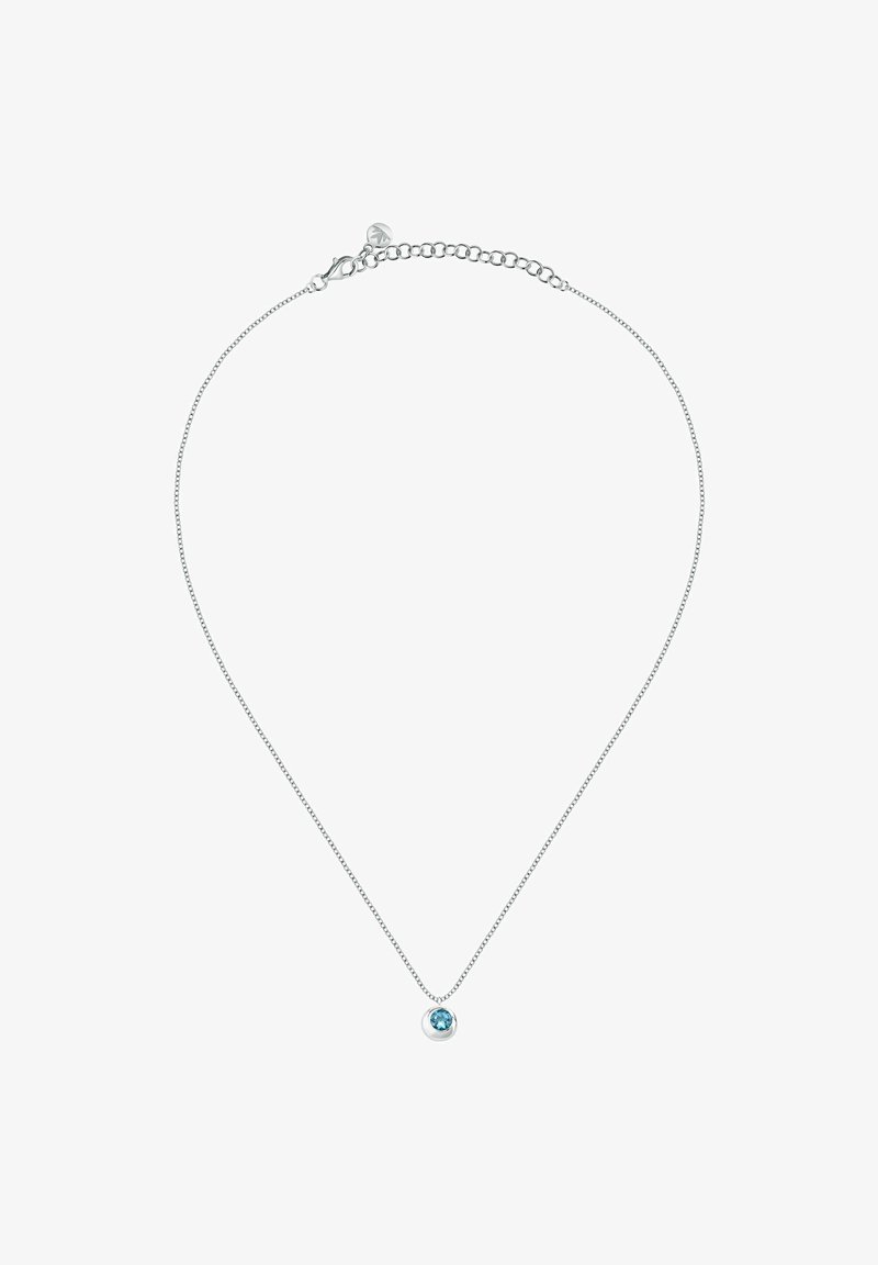 Collana in argento con pendente in pietra blu di piccole dimensioni. Presenta una forma rotonda semplice e un design elegante con chiusura a moschettone.