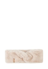 Nepbonten hoofdband in zacht beige met een gedraaid ontwerp. Beschikt over een soepele textuur en een klein merkteken aan de zijkant.