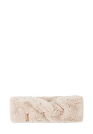 Nepbonten hoofdband in zacht beige met een gedraaid ontwerp. Beschikt over een soepele textuur en een klein merkteken aan de zijkant.