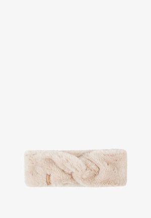 Nepbonten hoofdband in zacht beige met een gedraaid ontwerp. Beschikt over een soepele textuur en een klein merkteken aan de zijkant.