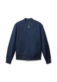 Veste bombardier navy en tissu lisse et léger. Caractéristiques d'une fermeture éclair sur toute la longueur, d'un col côtelé et de deux poches latérales.