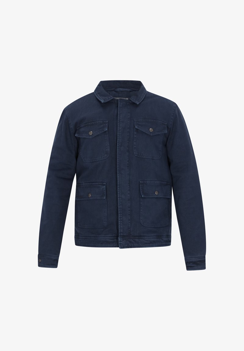 Sötétkék dzseki galléros nyakkal, két mellzsebbel, két alsó zsebbel és gombdíszítéssel, tartós, texturált anyagból készült.