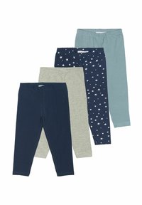 Vier paar leggings: donkerblauw, lichtblauw, grijs en marineblauw met witte sterren. Alle hebben elastische taillebanden en een zachte katoenstructuur.