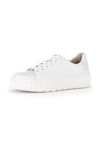 Witte leren sneaker met een ronde neus, platte veters en een gestructureerde rubberen zool. Heeft minimale stiksels en een strakke, schone uitstraling.