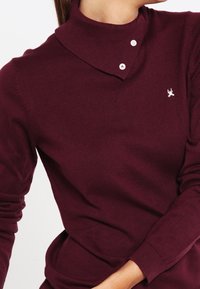 Pull en maille bordeaux avec un col montant, comprenant deux boutons blancs et un petit logo brodé sur la poitrine. Texture douce, coupe ajustée.
