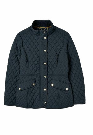 Steppjacke in Marineblau aus synthetischem Material mit hohem Kragen, Druckknöpfen und zwei vorderen Taschen mit diagonalen Steppnähten.